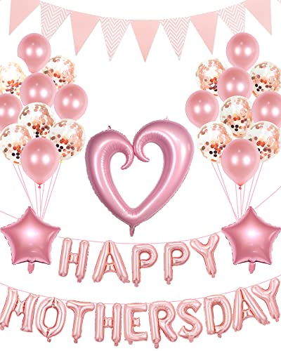 Happy Mother's Day Balloons Set, Pink Rose Gold Mothers Day Banner Letter Balloons Decor for Women Mothers Day Decorations for Party
