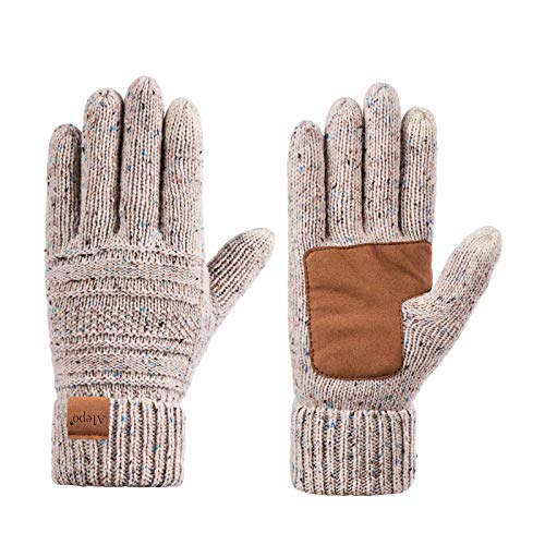 Alepo Womens Wool Winter Warm Knit Gloves, Touch Screen Thick Thermal Thinsulate Lined Anti-Slip Cable Cuff Driving Gloves (Confetti Oatmeal)