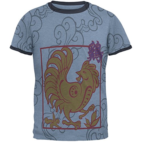 Old Glory Chinese New Year Rooster All Over Heather Blue-Navy Men's Ringer T-Shirt - Small