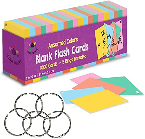 Star Right Assorted Colored Blank Flash Cards - 2'x3' Blank Index Note Cards, Flash Cards Blank, 1000 Pre Hole Punched Index Cards w/Metal Binder Rings, Blank Flashcards for GMT Prep, Math, Language