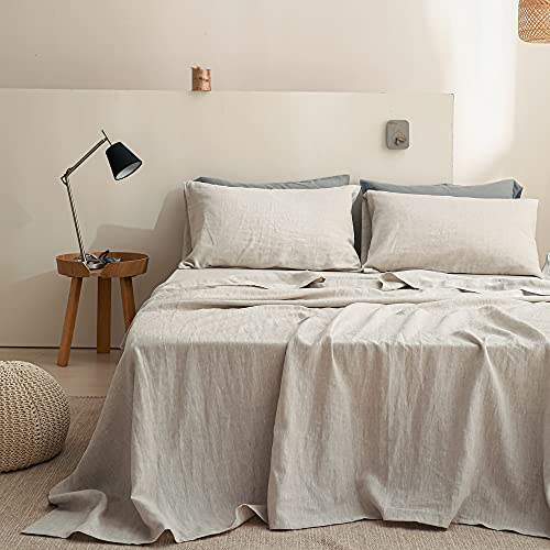 Simple&Opulence 100% Linen Sheet Set 4pcs Basic Style, Deep Pocket, Natural French Washed Flax Solid Color Soft Breathable Bed Sheets - Linen, Queen