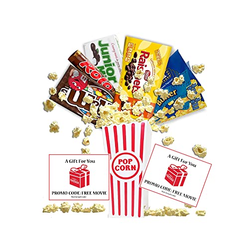 Movie Night Popcorn, Candy And Redbox Movie Gift Basket ~ Includes Movie Theater Butter Popcorn, Concession Stand Candy and a Gift Card for 2 Free Redbox Movie Rentals (Junior Mints)