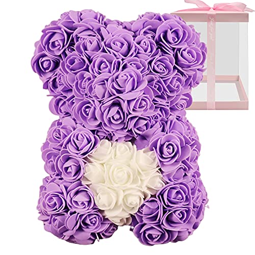 Featyyu Gifts for Women, Rose Bear,Rose Teddy Bear-Suitable for Mother's Day, Valentine's Day, Christmas and Birthday, 10 inch Transparent Gift Box (Purple)