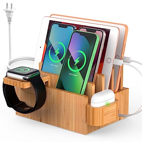 Pezin & Hulin Bamboo Charging Station for Multiple Devices with 5 Port USB Charger, 5 Cables, Watch&Earbuds Stand, Electronic Device Desktop Organizer for Cellphone, Tablet, Watch, Earbuds