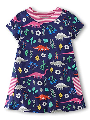 Frogwill Toddler Girls Dinosaur Dress Clothes Tunic Short Sleeve Summer Casual Outfit 3T, Navy