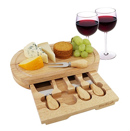 Cheese Board Set by StarBlue - with 4 Knives and Slide Out Drawer | Large Oak Wooden Cheese and Platter Cutting Serving Plate Tray | Best for Housewarming and Birthday Gift