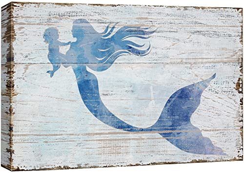 wall26 Canvas Print Wall Art Mermaid & Baby Silhouettes on Wood Panels Fantasy & Sci-Fi Ocean Illustrations Modern Art Rustic Scenic Relax/Calm Multicolor for Living Room, Bedroom, Office - 12'x18'