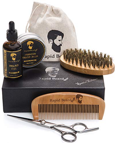 Beard Grooming & Trimming Kit for Men Care - Beard Brush & Comb, Unscented Oil Leave in Conditioner, Mustache & Beard Balm Butter Wax Growth, Styling - Stocking Stuffers Set