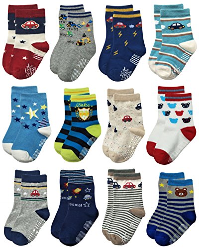 RATIVE Non Skid Anti Slip Cotton Crew Baby Babies Infant Infants Socks for Boy Boys 6-9 6 9 12 Month Months Old With Walker Grip Grippers (6-12 Months,12-pairs/RB-71218)
