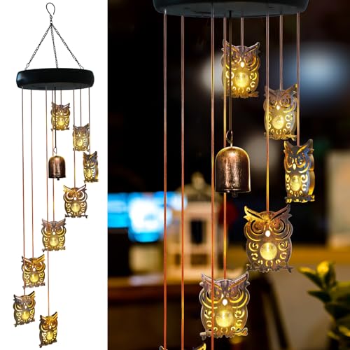8 LED Solar Upgrade Owl Wind Chimes Outdoor,Mom Gifts for Mothers Day Grandma Wife Gift Solar Owl Wind Chimes for Outside,Hanging Lights Warm LED,Outdoor Owl Decor Christmas