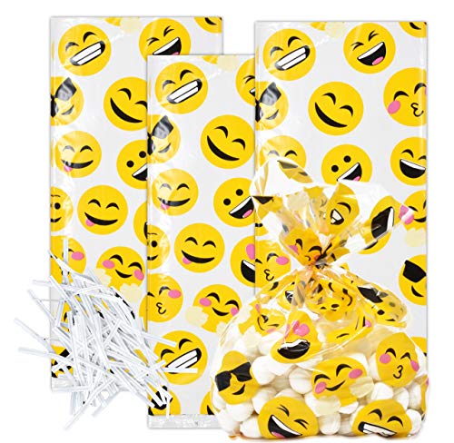 Gift Boutique 100 Emoji Cellophane Bags Assorted Emojis Plastic Treat Favor Bag Birthday Party Supplies Decorations for Girls Boys Classroom Treats, Rewards, Carnivals, Games, Candy Goody Grab Bag