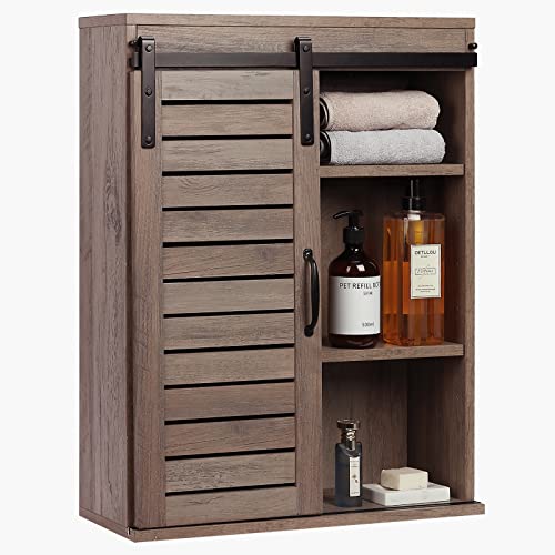 RUSTOWN Wood Farmhouse Bathroom Cabinet Wall Mounted, 3-Tier Rustic Wall Storage Cabinet with Shutter Sliding Door, Medicine Cabinet with Adjustable Shelf, Wall Cabinet for Living Room (Washed Oak)