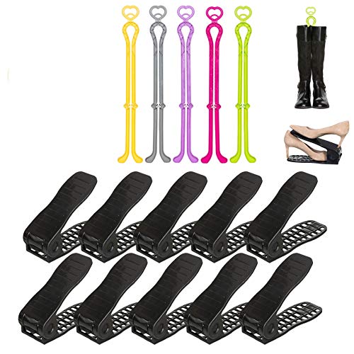 LOGILUXE Shoe Slots Organizer - SUPER-SAVER BUNDLE -Shoe Space Saver(10),Boot Shaper(5) –BEST Shoes Organizer for Closet,Shoes Stand,Shoe Stacker, 4 Lvl Adjustable Shoe Caddy.