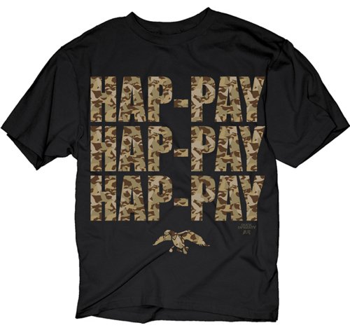 Duck Dynasty Phil Robertson Hap-Pay Hap-Pay Hap-Pay Adult T-Shirt with Letters in Camo Print (Adult Small) Black