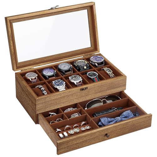 Somduy Wooden Watch Box with 10 Slots, 2-Tier Watch Display Case for Large Dial Watches, Christmas Gifts, Watch Box Organizer with Glass Lid, Removable Velvet Watch Pillows, Jewelry Box, Walnut