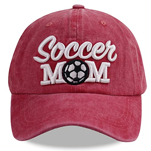 MANMESH HATT Soccer Mom Hat for Women, Funny Mother's Day Soccer Accessories Team Gifts, Vintage Washed Distressed Embroidered Baseball Cap for Mama, Grandma Red