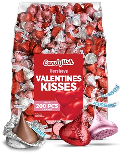 Hershys Kisses Chocolate Candy, Valentine's Day Colors, 2 lb Bag (Approx. 200 Pieces), Red, Pink, Silver Foil