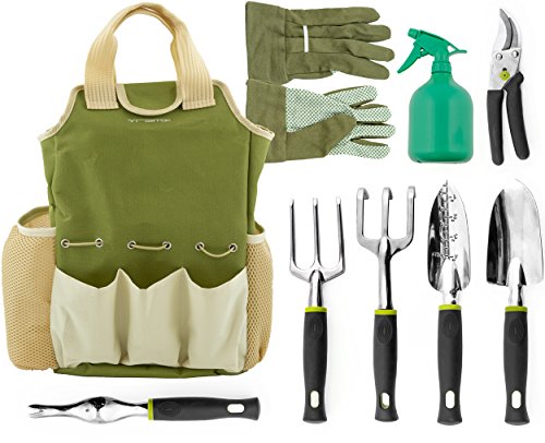 Vremi 9 Piece Garden Tools Set - Gardening Tools with Garden Gloves and Garden Tote - Gardening Gifts Tool Set with Garden Trowel Pruners and More - Vegetable Herb Garden Hand Tools with Storage Tote