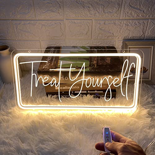 Treat Yourself Neon Sign for Wall Decor, Led Light Neon Signs with Dimmer for Bar Club Windows Cafe Bedroom Room Indoor Aesthetic Decoration Wedding Birthday Party Gifts , USB Powered Warm White Sign 15.8 x 7.9 Inch