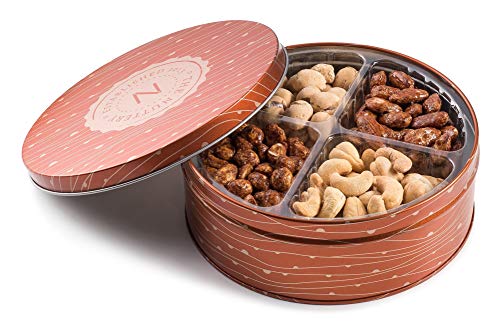 Premium Quality 4 Section Nuts Gift Tin Includes Healthy Food Snacks of Fresh Dry Roasted Salted and Sweet Nuts Perfect Holiday and Corporate Basket