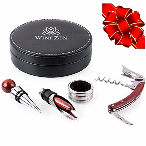 WineZen Premium 4-piece Wine Accessory Set Rose Wood in Elegant Black Leather Case. Accessories include Corkscrew, Drip Ring, Wine Pourer and Stopper makes Perfect Home & Corporate gift