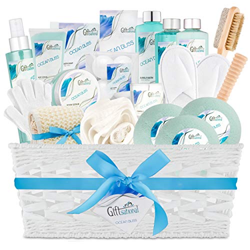 Ocean Bliss Extra Large Spa Bath Gift Basket,Great Christmas Gift, Includes 3 Bath Bombs, Shower Gel, Bubble Bath, Lotion, Scrub, Pumice Brush, Glass Candle, Slippers, Massage Stick & 5 More Items