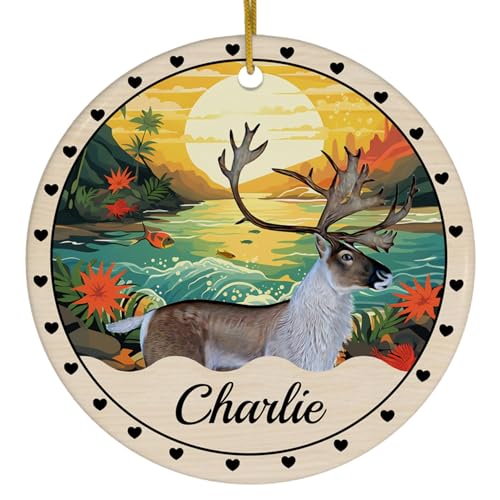 Sunset Theme Design Caribou Reindeer Personalized Christmas Ornaments 2024 Circle White Ceramic Wild Animal Lover Gifts