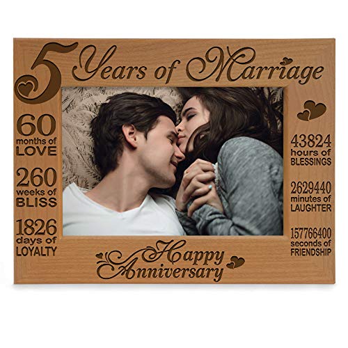 KATE POSH - 5 Years of Marriage Photo Frame - Happy 5th Anniversary Wood - Engraved Natural Solid Wood Picture Frame (4x6-Horizontal)