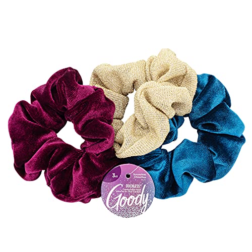 GOODY Holiday Ball Scrunchies Assorted, Hair Accessories for Men, Women, Boys & Girls to Style with Ease & Keep Your Hair Secured for All Hair Types, Burgundy, Gold, Blue, 3 Count