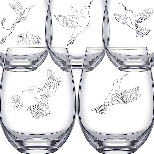 Zubebe 5 Pieces Hummingbird Stemless Wine Glasses 17 oz Hummingbird Cups Laser Engraved Wine Glasses Hummingbird Themed Gifts for Christmas Birthday Retirement Anniversaries Father's Day Mother's Day