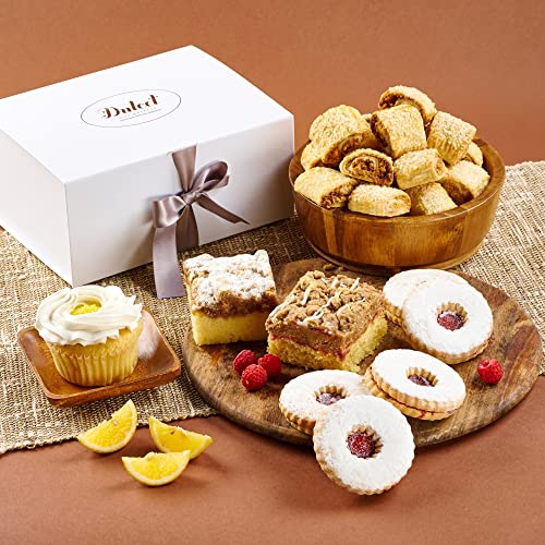 Dulcet Gift Baskets White Dusted Linzer Cookies Oven Cinnamon Rugelah, & Accompanying Coconut Flaked Cupcake Anniversary Best Wishes Collection Gift for Parents, Friends, Him, Her & Family