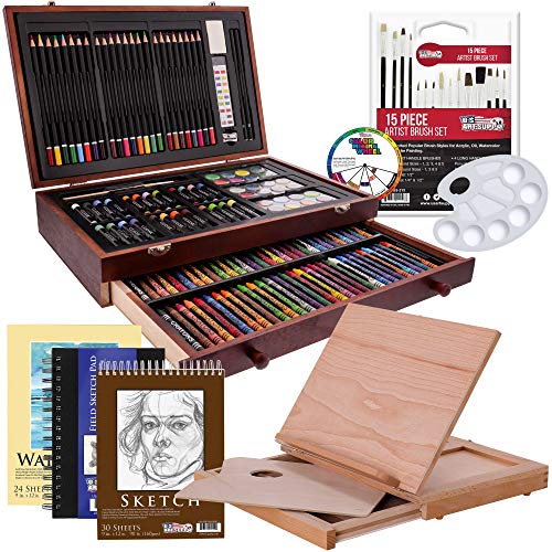 163-Piece Deluxe Art Supply Set with Paints, Pastels, Pencils, Easel, and Sketch Pads