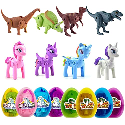 Pinkiwine 8 Pack Jumbo Unicorn & Dinosaur Deformation Eggs Prefilled Plastic Easter Eggs with Toys Inside for Kids Boys Girls Toddlers Easter Basket Stuffers Gifts Fillers Party Favors