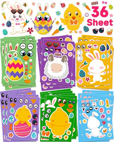 36 Sheets Easter Stickers Crafts for Kids, Easter Basket Stuffers Make Your Own Easter Egg Bunny Stickers for Toddlers, Easter Activities Games Party Favors Decorating Gifts for Kids Boys Girls