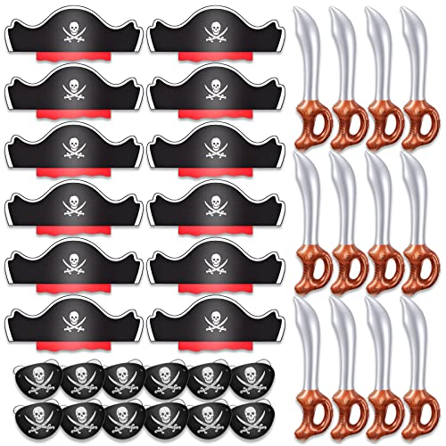 Legigo 36 Pcs Funny Pirate Party Set- Pirate Kids' Party Cosplay Supplies Include 12 Felt Pirate Hats, 12 Pirate Eye Patches, 12 Inflatable Swords for Caribbean Fancy Dress Cosplay Party Stage Prop