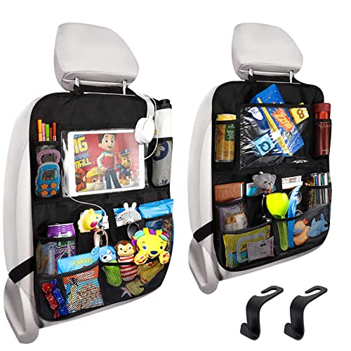 Car Storage Organizer 2 PCS,Car Backseat Organizer for Kids with 10.5 inch Tablet Holder kick mats back seat protector Cover with 9 Storage Pockets for Snacks Drinks Toys,Car Road Trip Accessories