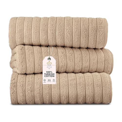 Classic Turkish Towels CTT - Luxury 3 Piece Jumbo Bath Sheets, 100% Turkish Cotton, Absorbent & Ultra Comfy Bath Towel Sheets for Hotels & Spa | 40'x65' (Almond Beige)