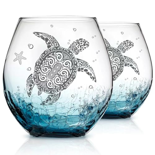 Physkoa Sea Turtle Wine Glasses set of 2-13.5oz Crackle teal design turtle wine glasses,distinctive sea turtle gifts for women/Sea turtle lovers on Birthday,Thanksgiving,Christmas