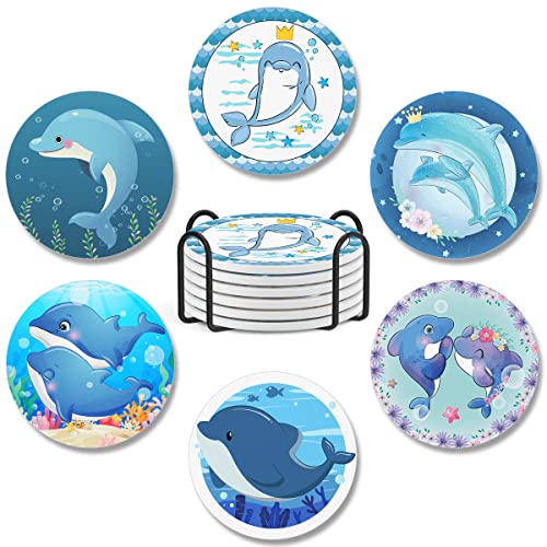 CUBICER Pack 6 Coasters Dolphin Ceramic Coaster with Cork Base Set Housewarming Gifts for Women Adults Coffee Table Car Cup Holders Home Decor Kitchen Accessories Cold Drinks Absorbent