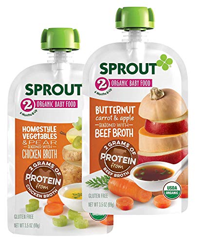 Sprout Organic Baby Food, Stage 2 Pouches, Homestyle Veg Pear & Chicken Broth, Butternut Carrot Apple & Beef Broth Variety Pack, 3.5 Oz (Pack of 12)