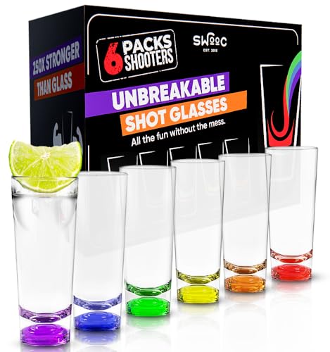 SWOOC - Unbreakable Tall Shot Glasses Set of 6 (2oz) - 250x Stronger Than Glass, 25x Stronger Than Acrylic - Colorful & Dishwasher-Safe - Tequila Shot Glasses - Shot Glass Set - Unique Shot Glasses