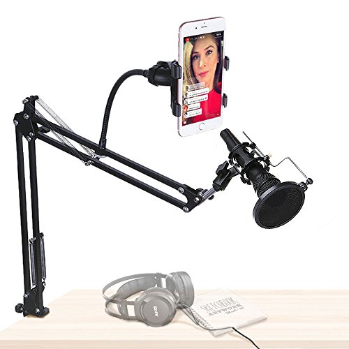 Mic Stand Desk, BLENDX Adjustable Microphone Suspension Boom Scissor Arm with Phone Holder and Mic Pop Filter & Shock Mount for Youtube/Facebook Video Recording, Live Broadcasting
