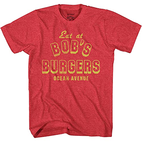 Bob's Burgers Eat at Ocean Ave Adult T-Shirt (Heather Red, X-Large, x_l)