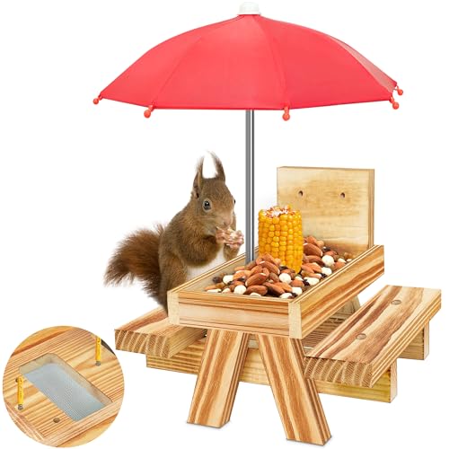 Carbonized Wood Squirrel Feeder with Umbrella, Squirrel Feeders for Outside Funny squrrill Picnic Table with Solid Structure Waterproof Chipmunk Feeder with Corn Cob Holder