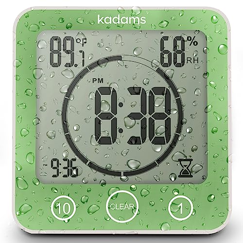 KADAMS Digital Bathroom Shower Kitchen Wall Clock Timer with Alarm, Waterproof for Water Spray, Touch Screen Timer, Temperature Humidity, Suction Cup Hanging Hole Stand - Green