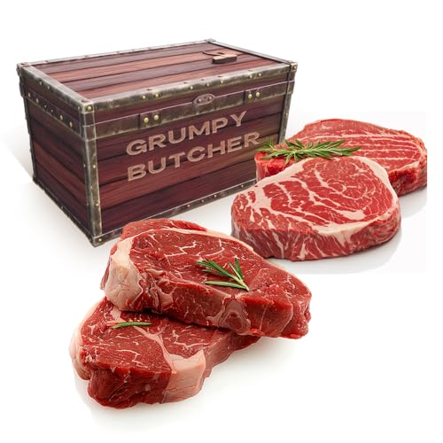 Grumpy Butcher 4 Steaks Gift Package: 2 Ribeye Steaks (14 oz each) & 2 Top Sirloins (6 oz each) - Steak Gift for Delivery in Treasure Chest Gift Box