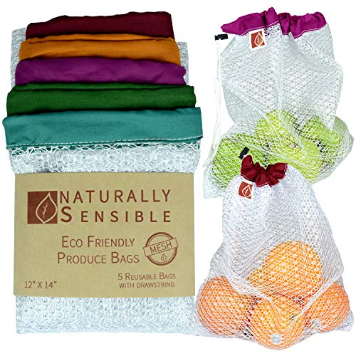 Naturally Sensible The Original Eco Friendly See Through Washable and Reusable Produce Bags - Soft Premium Lightweight Nylon Mesh Large - 12x14in - Set of 5 (Red, Yellow, Green, Blue, Purple)