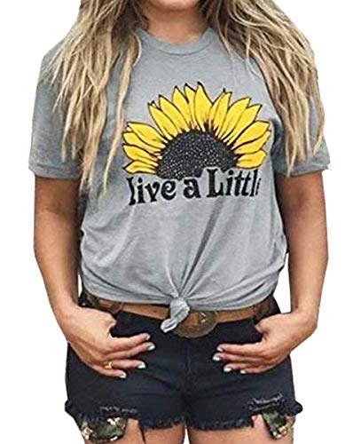 Live A Little Shirt Cute Sunflower Graphic Tees for Women Summer Inspirational Casual Short Sleeve T-Shirts Tops Size M (Gray)