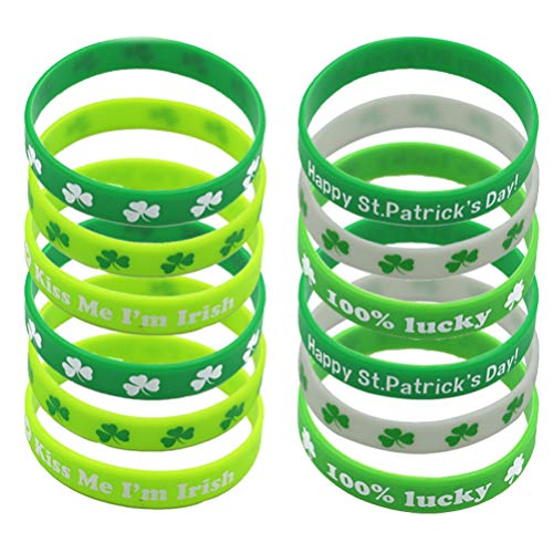 20pcs St. Patricks Day Bracelets Silicone Irish Wristbands Rubber Shamrock Clover Bracelet Bangle Irish St. Patricks Day Costume Accessories Party Favors Random Style