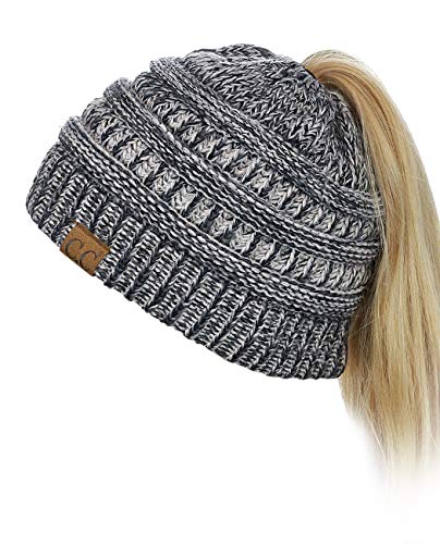 C.C BeanieTail Soft Stretch Cable Knit Messy High Bun Ponytail Beanie Hat, 3 Tone Gray